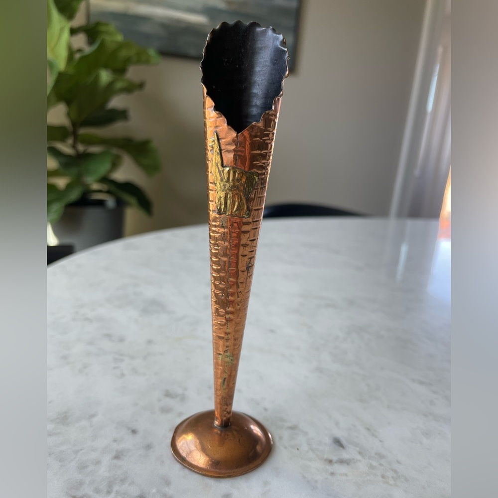 Rare Copper Bud Vase With Gold Tone Llama 6” Tall